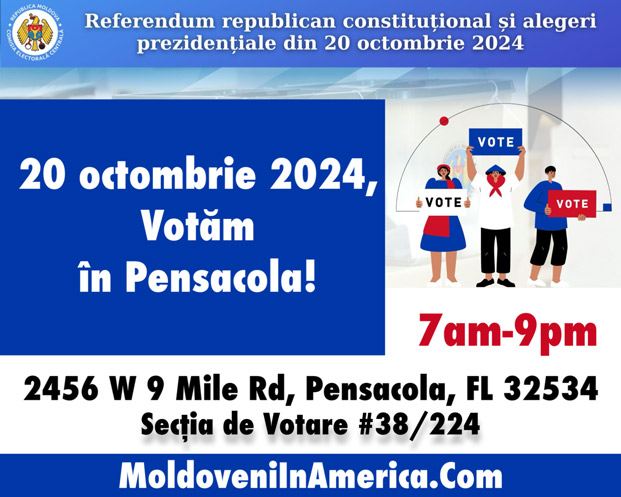Cetățenii moldoveni care locuiesc ori se află în călătorie în SUA, vor putea vota în orașul Pensacola, Florida pentru alegerile și referendumul din 20 octombrie 2024.