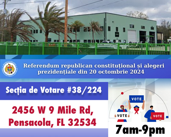 Cetățenii moldoveni care locuiesc în Florida, Alabama, Mississippi ori Louisiana vor putea vota în orașul Pensacola, Florida pentru alegerile și referendumul din 20 octombrie 2024.
