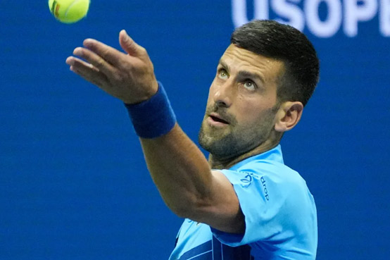 Aug 26, 2024; Flushing, NY, USA; Novak Djokovic of Serbia hits to Radu Albot of Moldova on day one of the 2024 U.S. Open tennis tournament at USTA Billie Jean King National Tennis Center. Mandatory Credit: Robert Deutsch-USA TODAY Sports